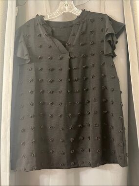 Black Flutter Sleeve Textured Dot Blouse